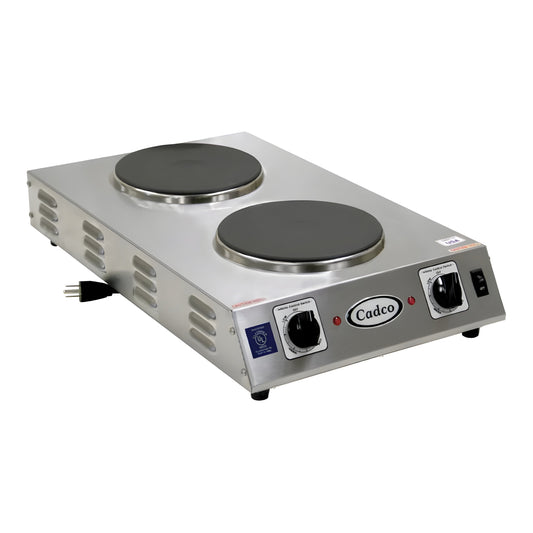 Cadco CDR-2CFB Double Burner Stainless Steel Portable Electric Front-to-Back Hot Plate with 7 1/2" Cast Iron Elements - 1,800W, 120V - CDR-2CFB