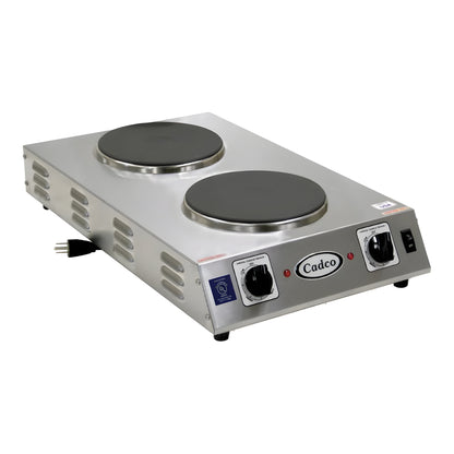 Cadco CDR-2CFB Double Burner Stainless Steel Portable Electric Front-to-Back Hot Plate with 7 1/2" Cast Iron Elements - 1,800W, 120V - CDR-2CFB