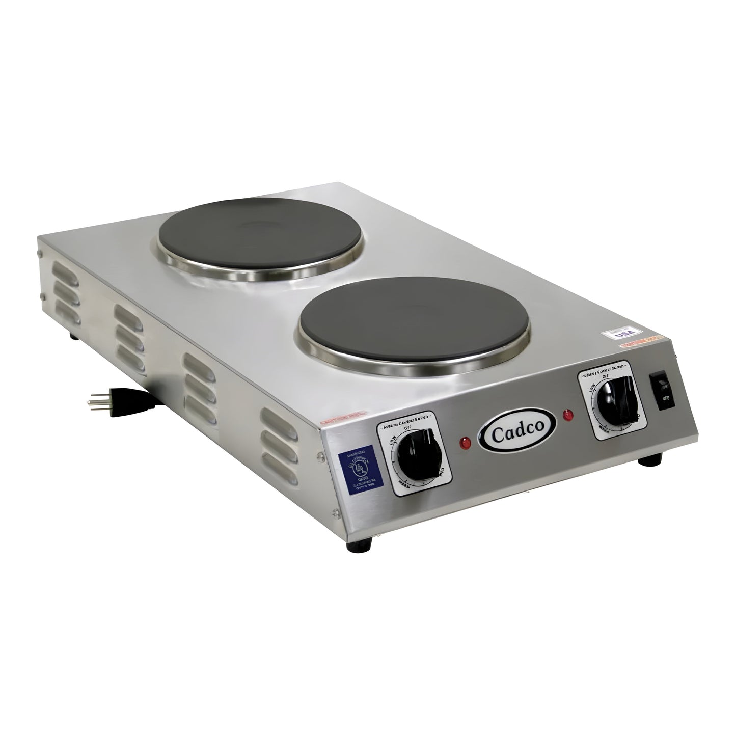 Cadco CDR-2CFB Double Burner Stainless Steel Portable Electric Front-to-Back Hot Plate with 7 1/2" Cast Iron Elements - 1,800W, 120V - CDR-2CFB