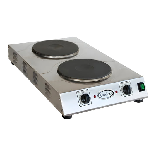 Cadco CDR-3K Double Burner Stainless Steel Portable Electric Front-to-Back Hot Plate with 9" Cast Iron Elements - 3,000W, 220V - CDR-3K