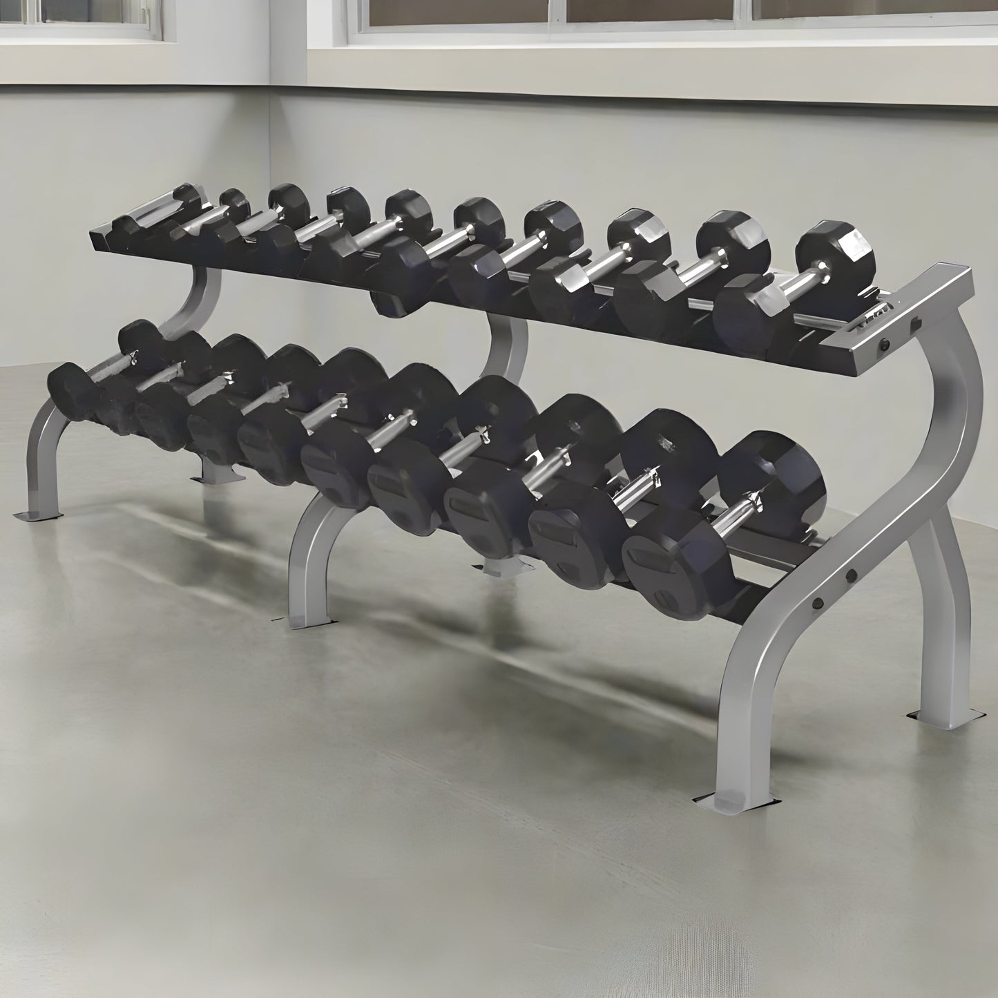 TROY  5-100lb Rubber Encased 12-Sided Dumbbell Set with Saddle Racks - COMMPAC-TSDR100