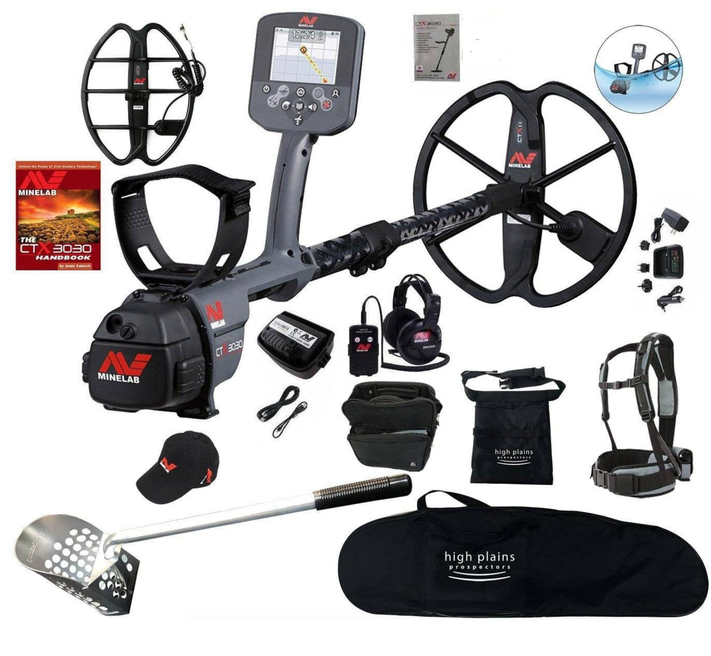 Minelab CTX 3030 Waterproof Metal Detector, 17" Coil with FREE Quicksilver 24" Scoop and Gear - 3228-0101-qs-handle-bundle