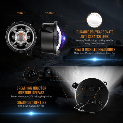 Auxbeam (2pcs/set) 9 inch RGB Headlights Replacement Bluetooth control for Jeep Wrangler JL JLU Sport Rubicon Sahara Gladiator JT 2019 2020 w/ DRL - QP007346