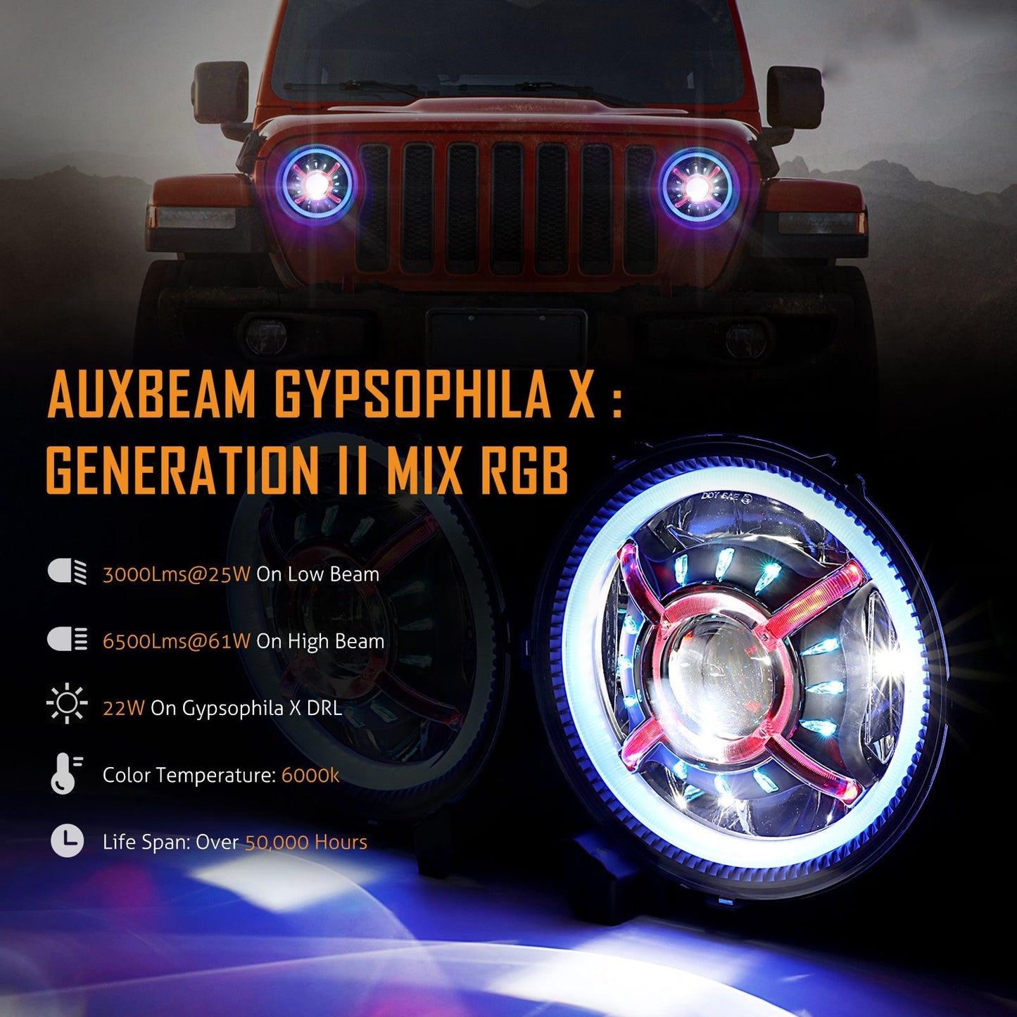 Auxbeam (2pcs/set) 9 inch RGB Headlights Replacement Bluetooth control for Jeep Wrangler JL JLU Sport Rubicon Sahara Gladiator JT 2019 2020 w/ DRL - QP007346