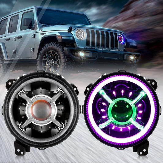 Auxbeam (2pcs/set) 9 inch RGB Headlights Replacement Bluetooth control for Jeep Wrangler JL JLU Sport Rubicon Sahara Gladiator JT 2019 2020 w/ DRL - QP007346
