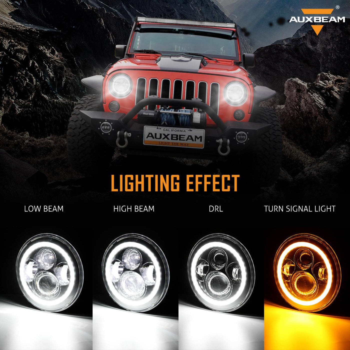 Auxbeam 7" LED Halo Headlights+5D-PRO 52" Straight LED Light Bar+Windshield Mounting Brackets 18W Pod Lights Set for Jeep Wrangler TJ - GP00007757