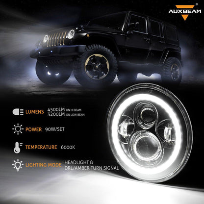 Auxbeam 7" LED Halo Headlights + 4" Inch LED Fog Lights with DRL + 5D-PRO 52" Straight LED Light Bar + Windshield Mounting Brackets + 18W Flood Beam Pod Lights Set for for Jeep Wrangler JK - GP00007761