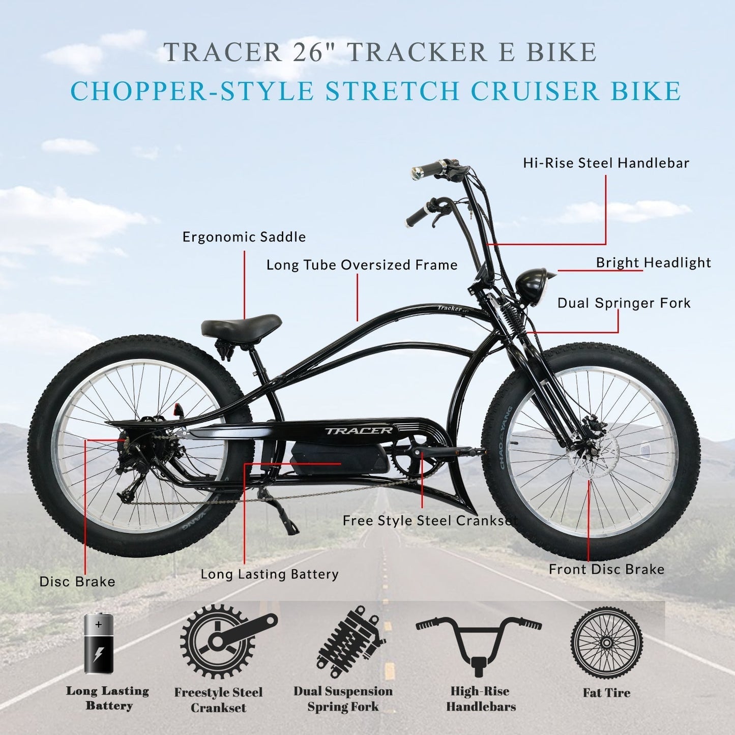 Tracer 800W Tracker DS7 Speed Stretch Electric Bike - MB-EB-TRACKER DS7-BK