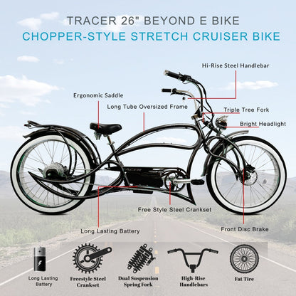 Tracer 800W Beyond Pro Stretch Classic Chopper Electric Bike - MB-EB-BEYOND Pro-BK - MB-EB-BEYOND Pro-BK
