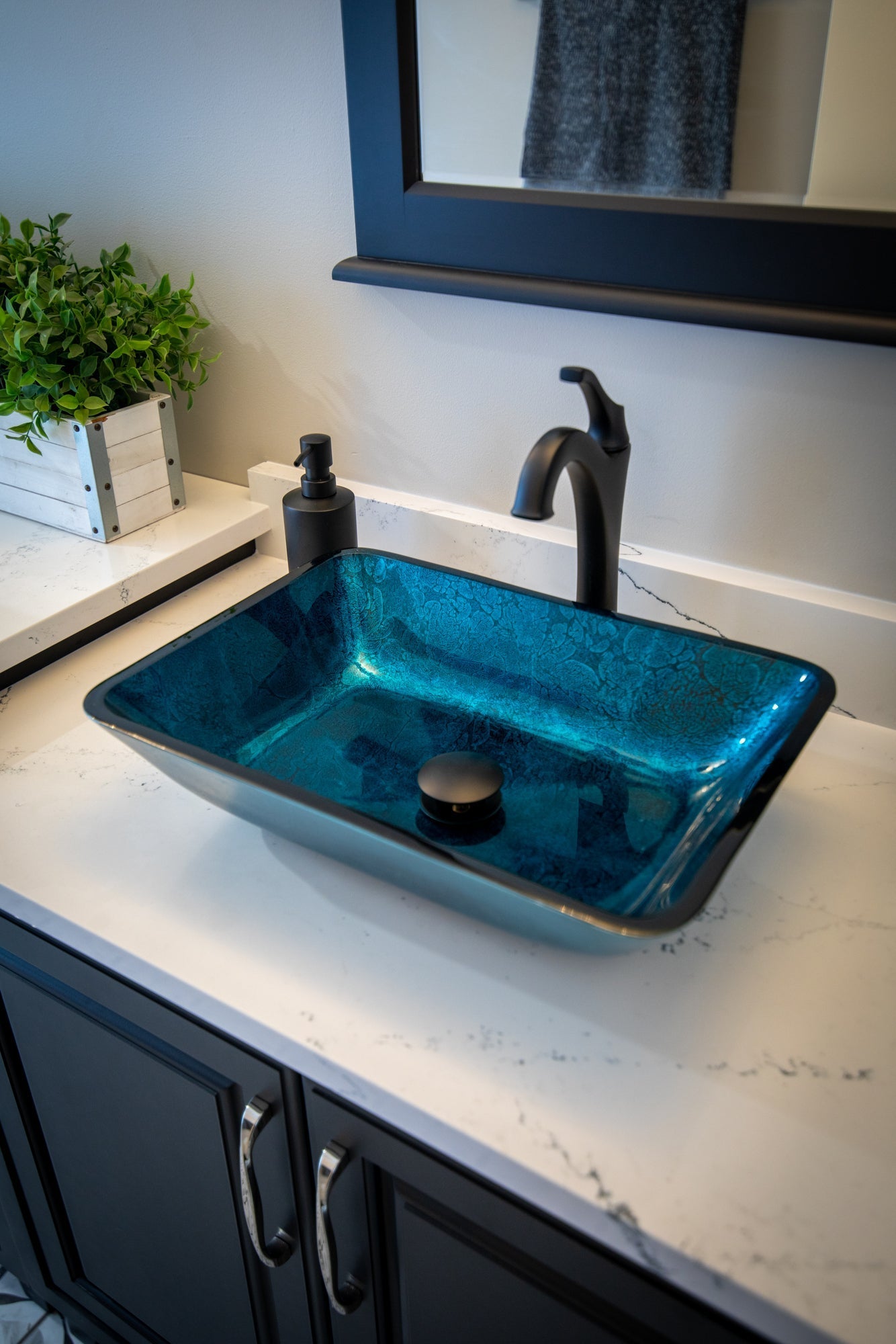 Eden Bath Rectangular Turquoise Blue Foil Glass Vessel Sink