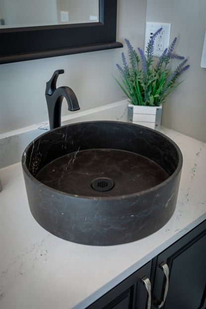 Eden Bath Thin Lip Round Nero Marquino Marble Column Vessel Sink - EB_S053NM-H