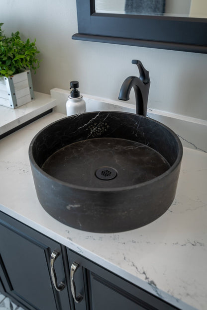 Eden Bath Thin Lip Round Nero Marquino Marble Column Vessel Sink - EB_S053NM-H