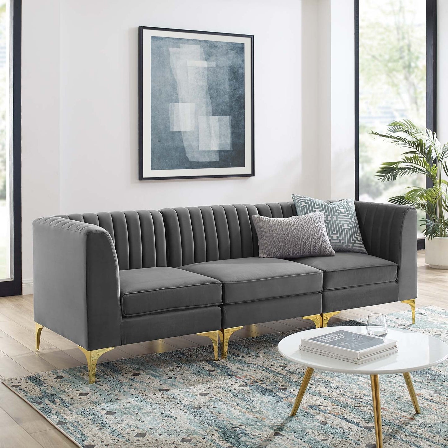 Modway Furniture Triumph Channel Tufted Performance Velvet Sofa - Luxe Glam Deco Design for Modern Living Spaces