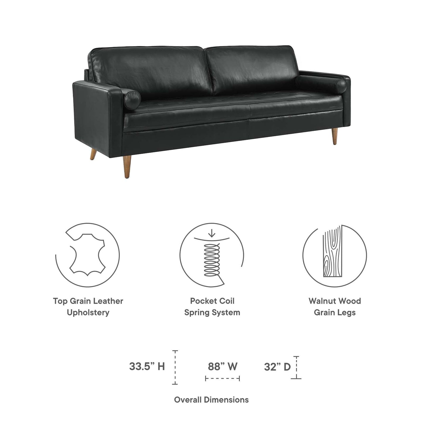 Modway Furniture Valour 88" Leather Sofa - Mid-Century Modern Design with Comfortable Tufted Style and Easy Assembly