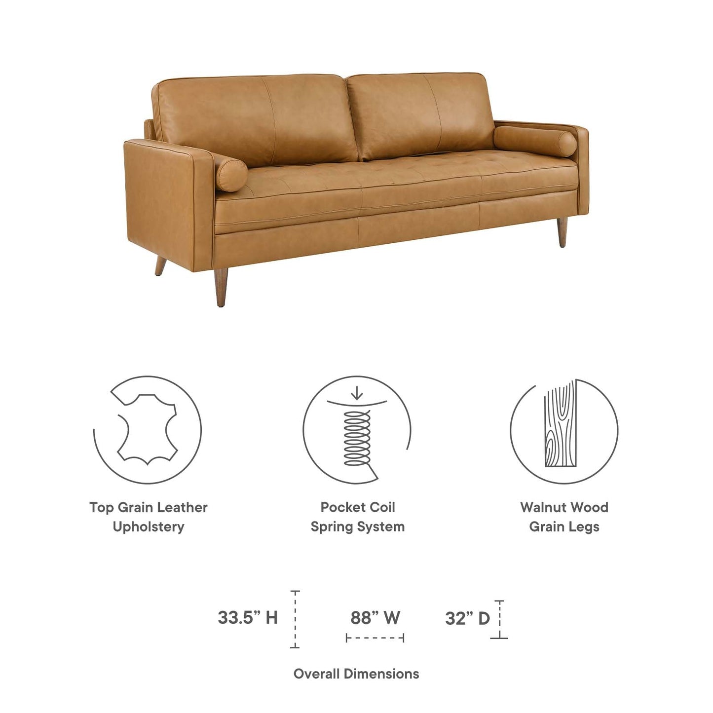 Modway Furniture Valour 88" Leather Sofa - Mid-Century Modern Design with Comfortable Tufted Style and Easy Assembly