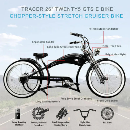 Tracer 500W 26" Twenty5 GTS Cruiser Electric Bike - MB-EB-TWENTY5-GTS-BK/ PLS