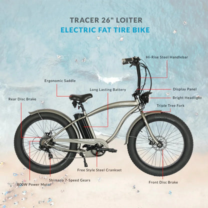 Tracer 800W 26" Loiter Cruiser Fat Tire Electric Bike - MB-EB-LOITER-M-BK/BK