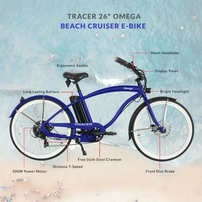 Tracer 500W 26" Omega Men's Beach Cruiser Electric Bike - MB-EB-OMEGA-M-MBK/ BK