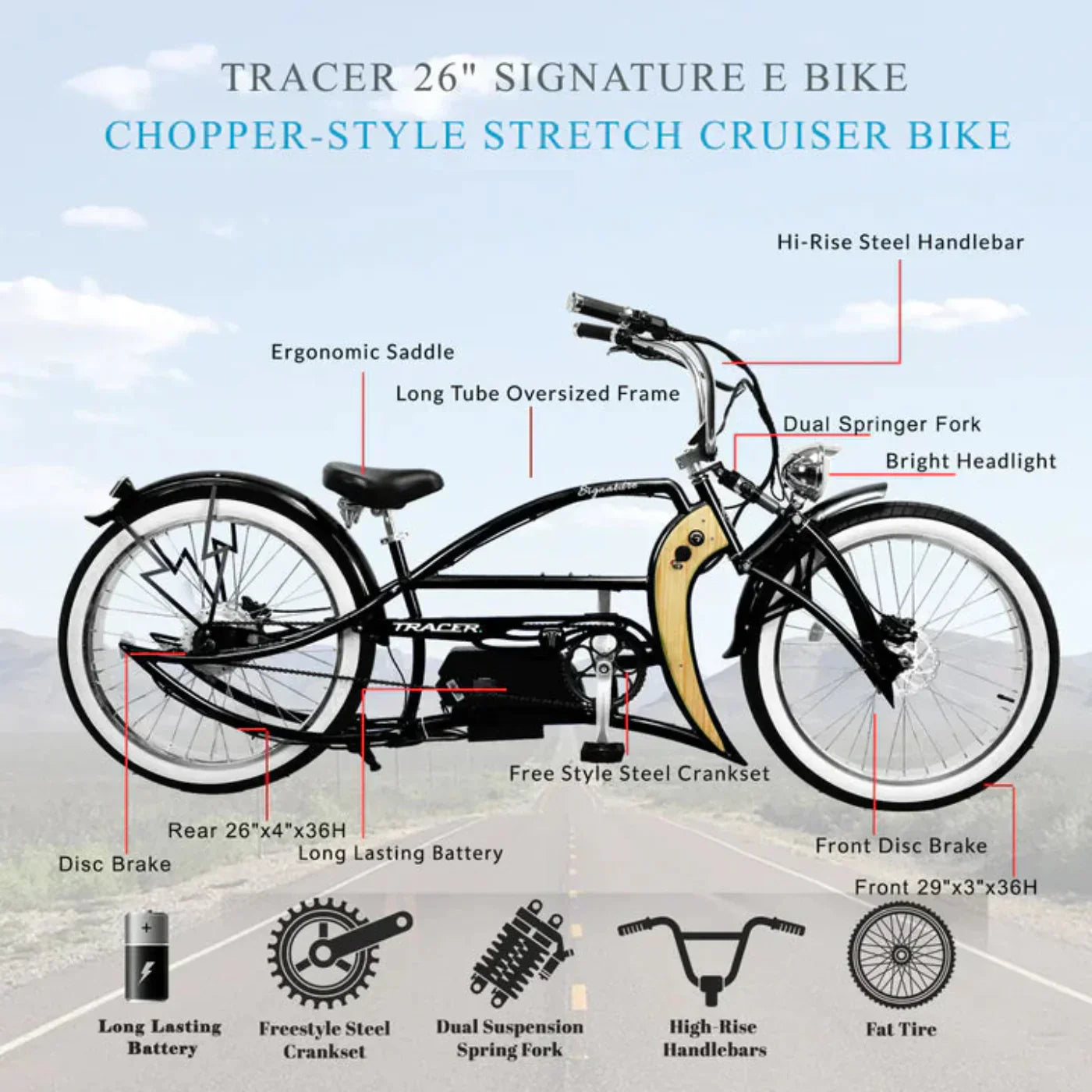 Tracer 800W Signature Pro Chopper Cruiser Electric Bike - MB-EB-Signature Pro-BK