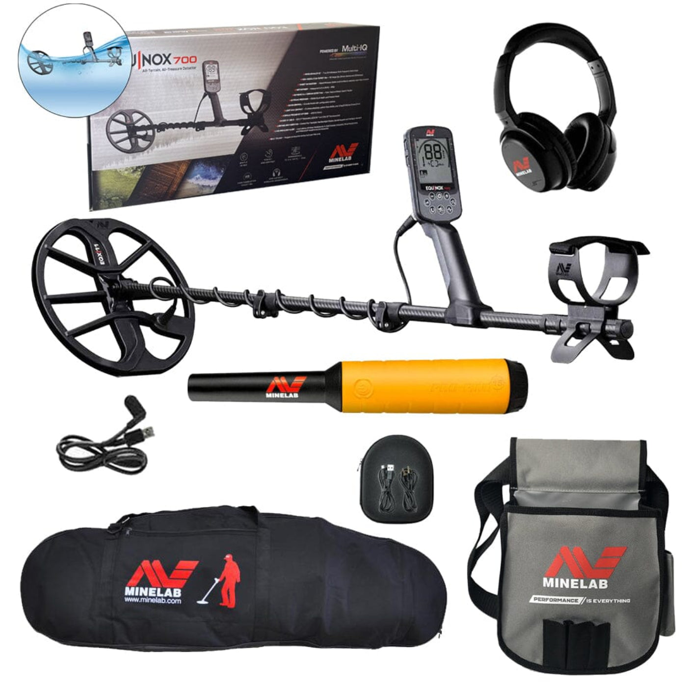 Minelab Equinox 700 with Pro-Find 15 Pointer, Carry Bag, and Finds Pouch - 3720-0005-PF15-bag-pouch