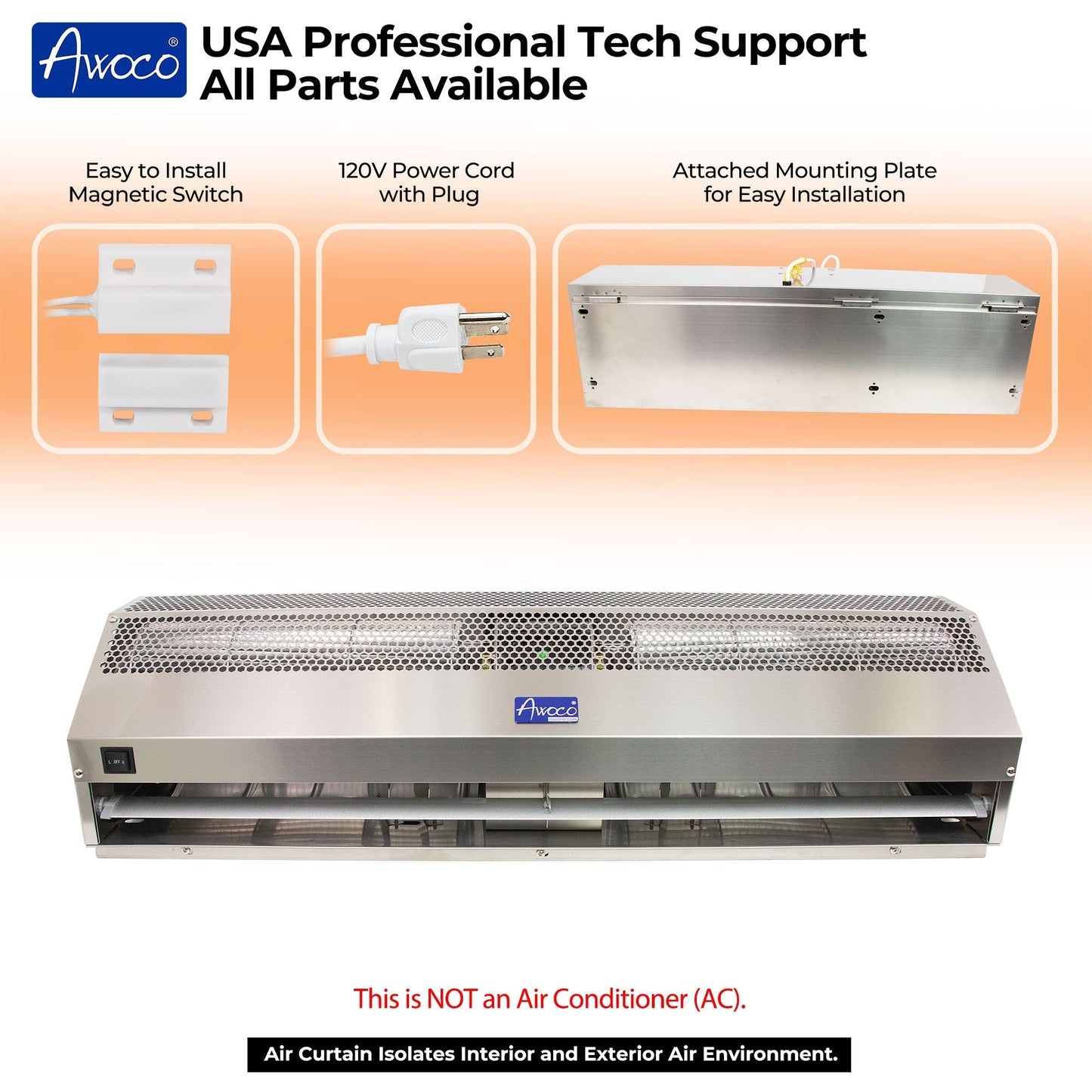Awoco Stainless Steel Super Power 2 Speeds Commercial Indoor Air Curtain, 120V Unheated with an Easy-Install Magnetic Door Switch - FM1506-SS
