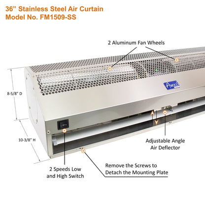 Awoco Stainless Steel Super Power 2 Speeds Commercial Indoor Air Curtain, 120V Unheated with an Easy-Install Magnetic Door Switch - FM1506-SS