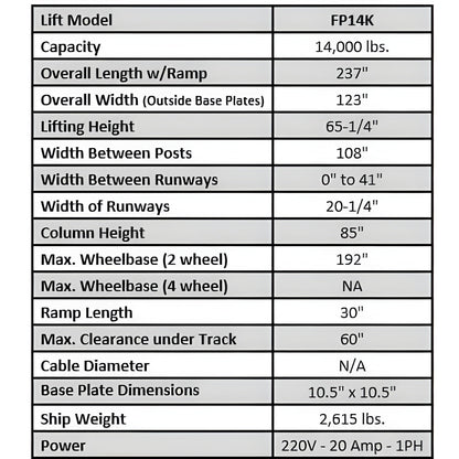 Tuxedo FP12K-K 12,000 lb Four Post Lift - Cable Driven - FP12K-K