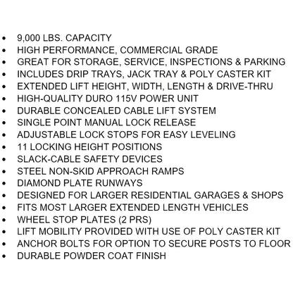 Tuxedo 9,000 lb Deluxe Storage Lift Extended Length / Height - Poly casters,  - FP9K-DX-XLT-
