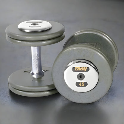 Troy HFD-C Pro Style Hammer-tone Gray Dumbbell Sets Chrome End Caps - HFD-005-025C
