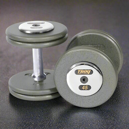 TROY HFDC-C Pro Style Gray Hammer-tone Dumbbell Sets Chrome End Caps (5 lb Increments)