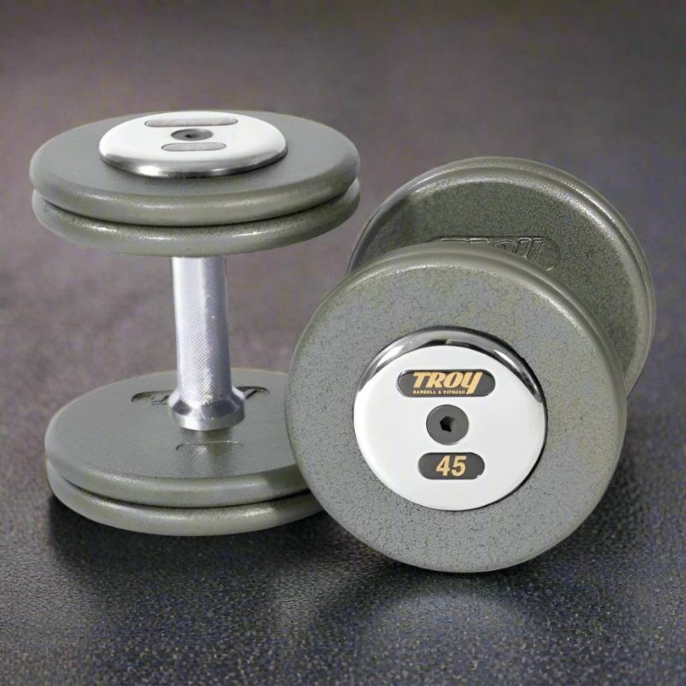 TROY HFDC-C Pro Style Gray Hammer-tone Dumbbell Sets Chrome End Caps (5 lb Increments)
