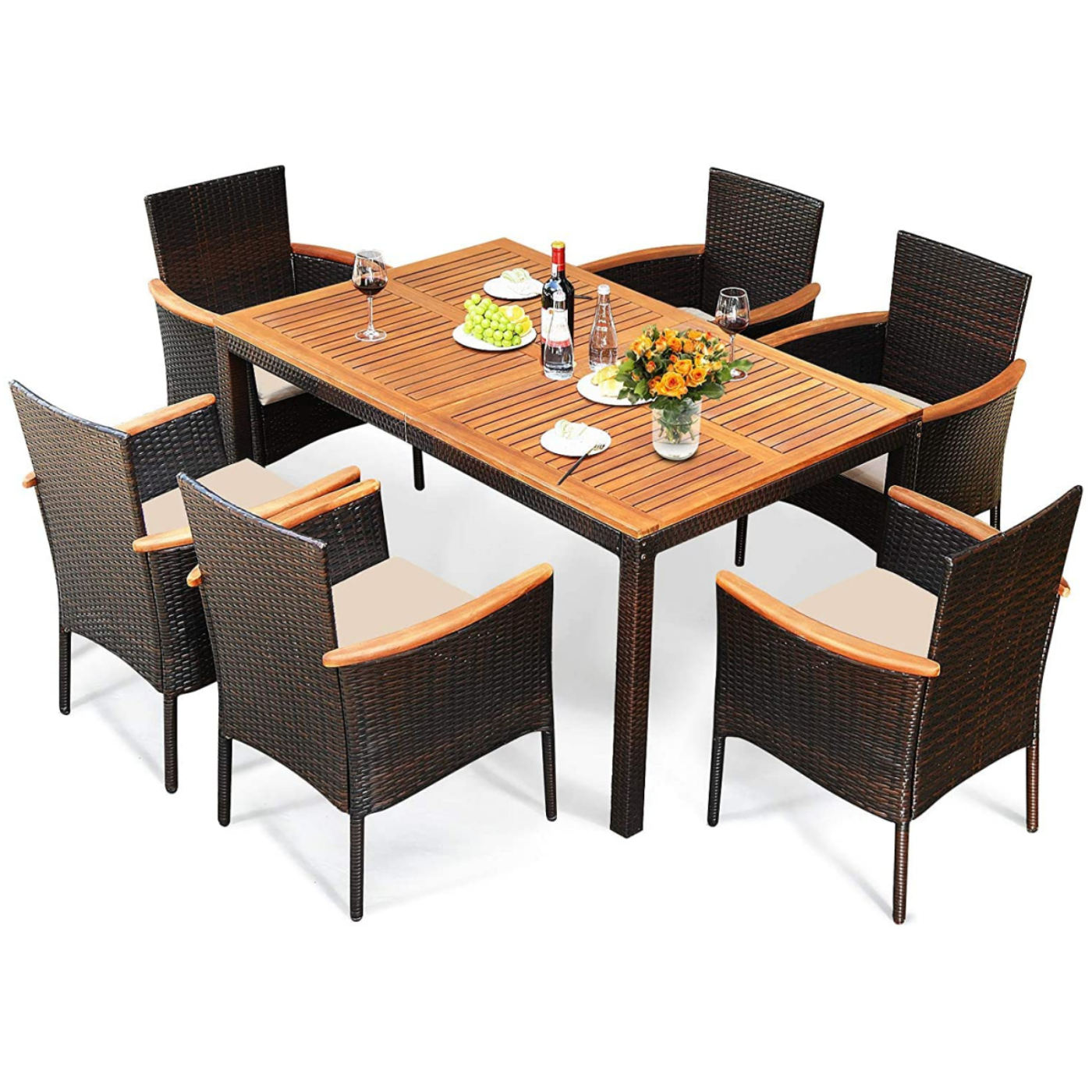 Tangkula 7 Pieces Outdoor Dining Set, Patiojoy Wicker Conversation Set - HW68190A+