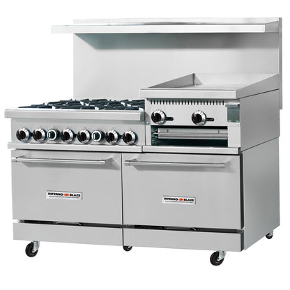 Inferno Blaze IB-GR-6024GB 60” Wide, 6 Burner Range, 24” Wide Manual Griddle, Stove top Broiler, 2 Ovens - IB-GR-6024GB