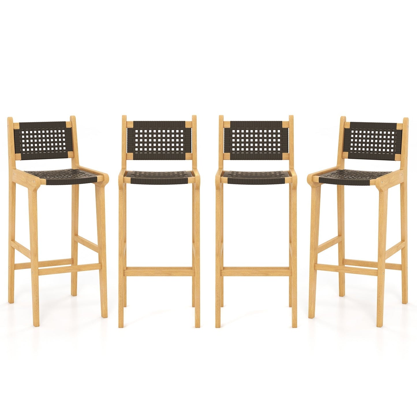 Tangkula Teak Wood Bar Chair, 30” Rattan Bar Stool with Backrest & Footrest - JV11897