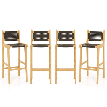 Tangkula Teak Wood Bar Chair, 30” Rattan Bar Stool with Backrest & Footrest - JV11897