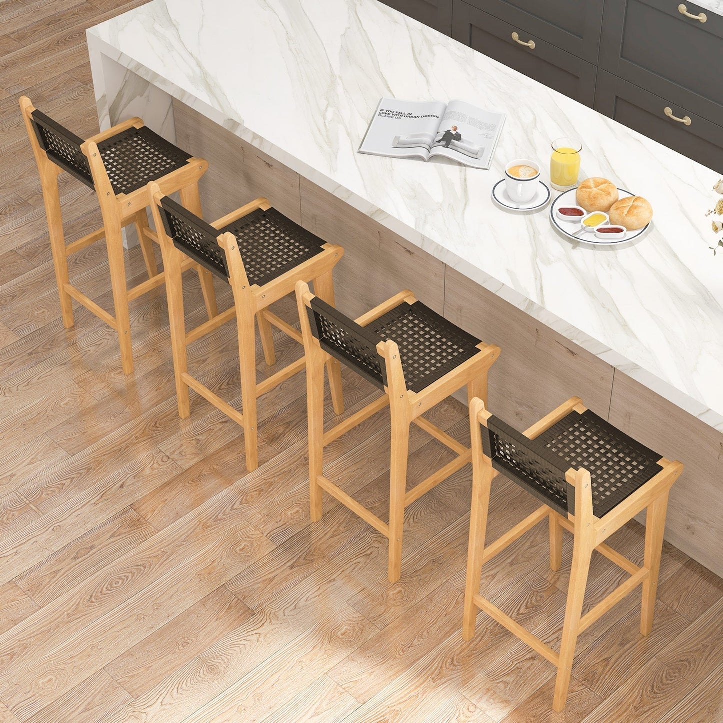 Tangkula Teak Wood Bar Chair, 30” Rattan Bar Stool with Backrest & Footrest - JV11897