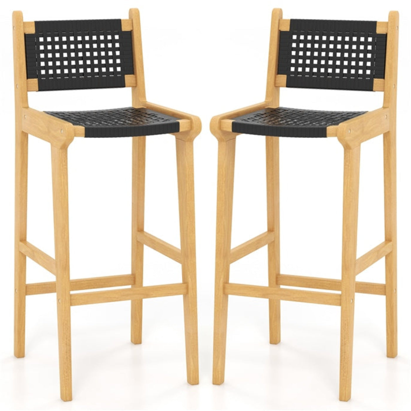 Tangkula Teak Wood Bar Chair, 30” Rattan Bar Stool with Backrest & Footrest - JV11897