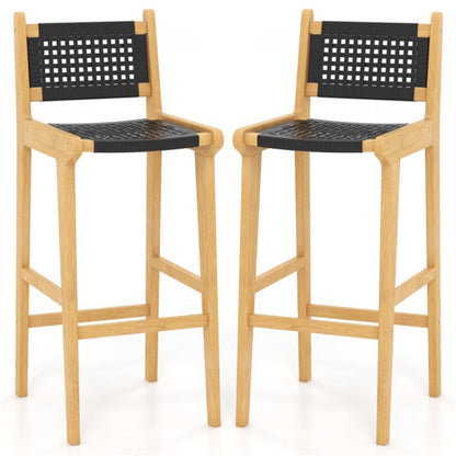 Tangkula Teak Wood Bar Chair, 30” Rattan Bar Stool with Backrest & Footrest - JV11897