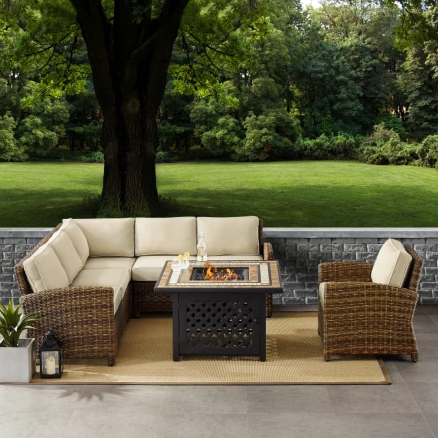Crosley Bradenton 5pc Outdoor Wicker Sectional Set W/Fire Table - KO70159
