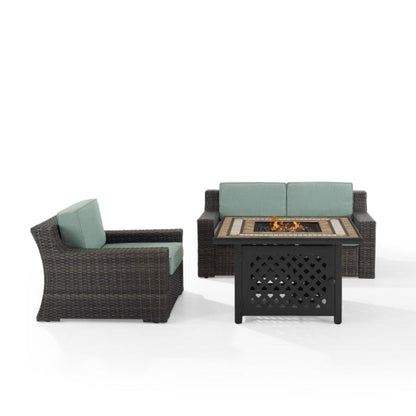 Crosley Beaufort 117 Inch 3pc Outdoor Wicker Conversation Set W/Fire Table Mist - KO70177BR