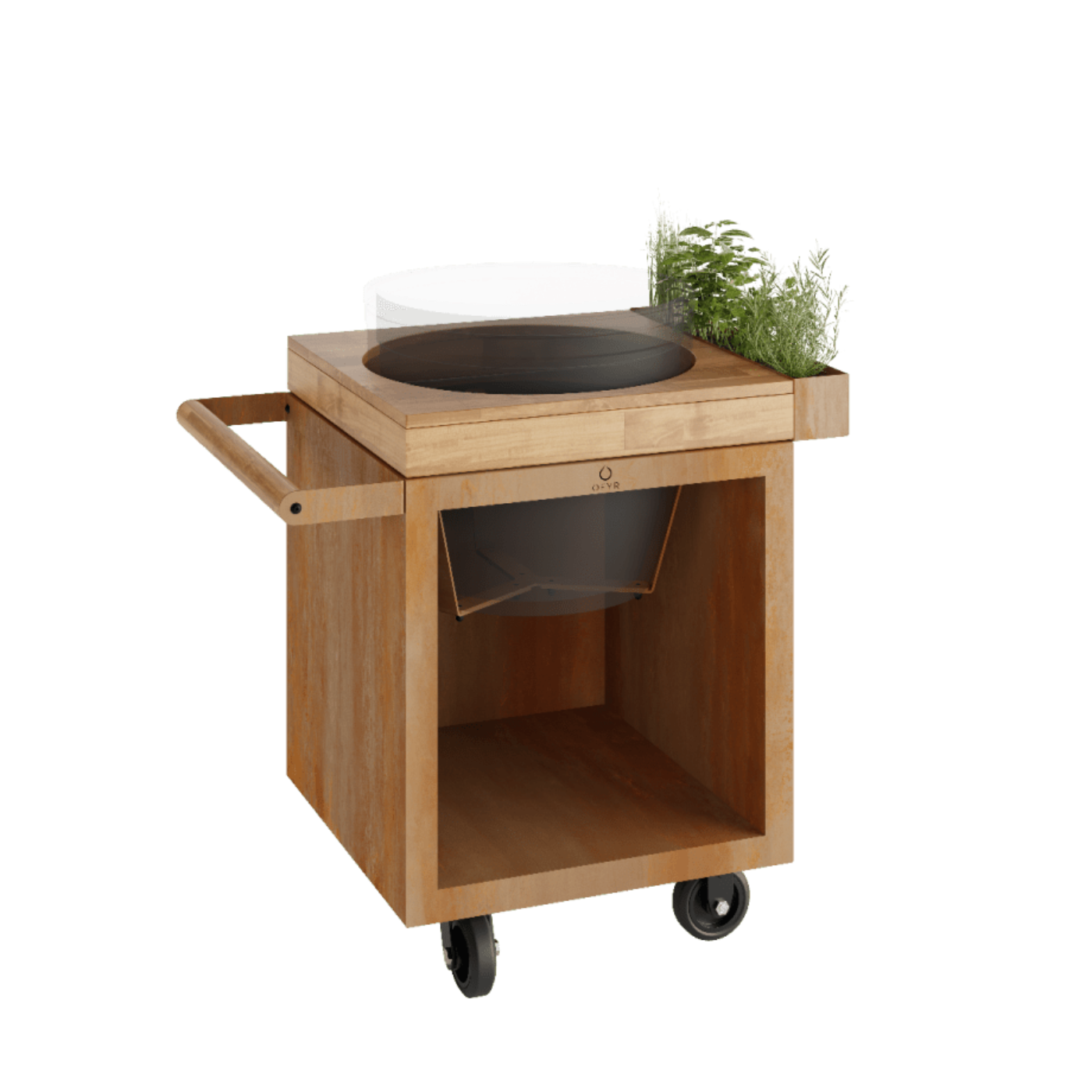 OFYR Kamado Table Corten 65 Pro Teak Wood BGE - O-K-T-65-PRO-TW-BGE