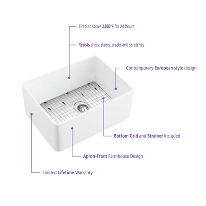 Kibi 24" x 18" x 10" Landis Series Undermount Single Bowl Fireclay Kitchen Sink In Glossy White - K2-SF24