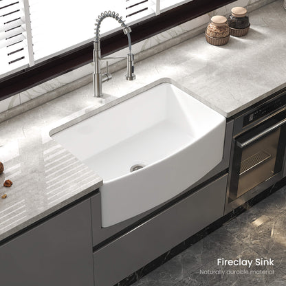 Kibi 33" x 20" x 10" Pure Series Glossy White Single Bowl Fireclay Farmhouse Sink With Curved Apron Front - K2-SF33C