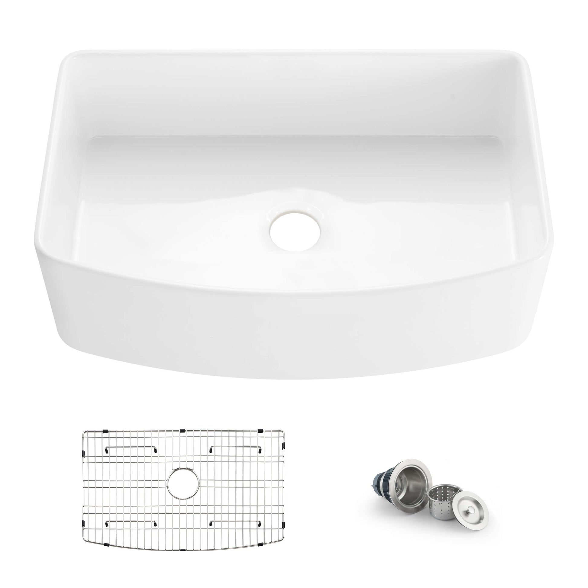 Kibi 33" x 20" x 10" Pure Series Glossy White Single Bowl Fireclay Farmhouse Sink With Curved Apron Front - K2-SF33C