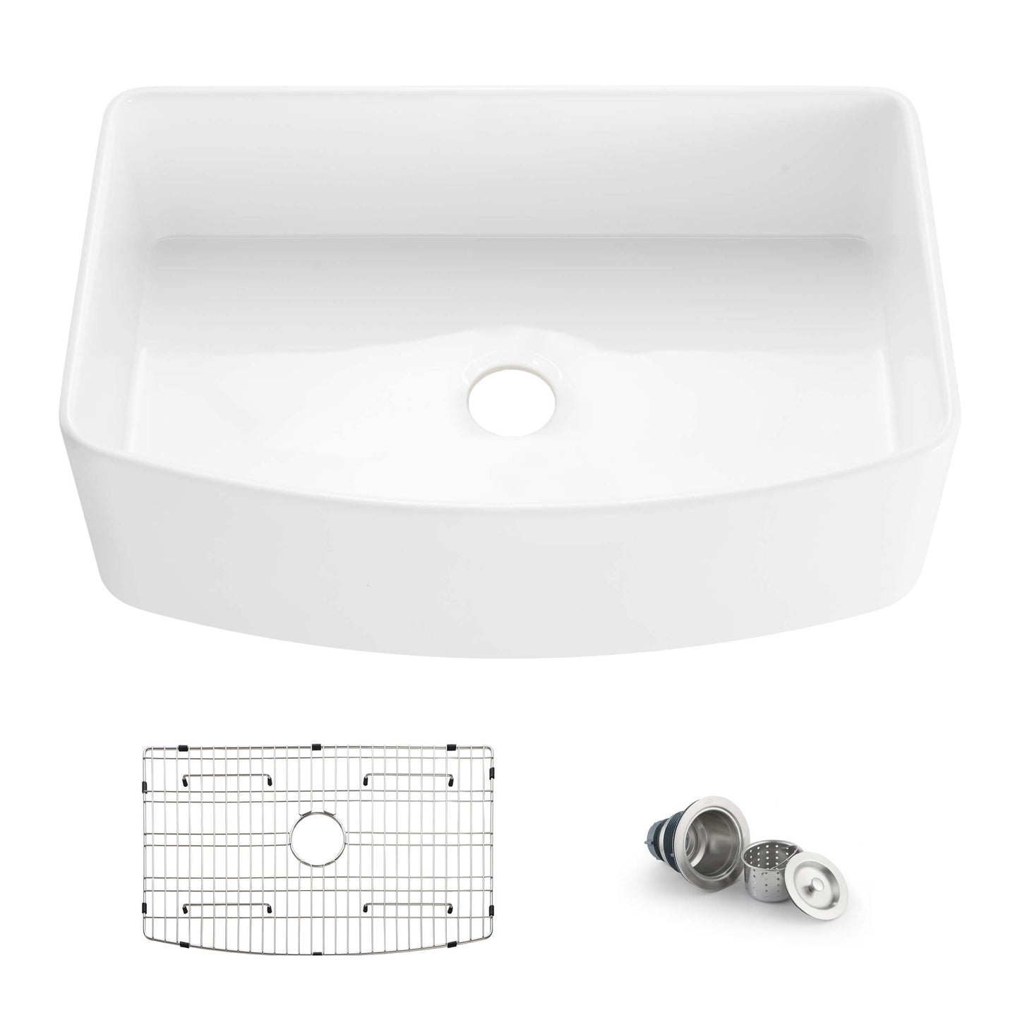 Kibi 33" x 20" x 10" Pure Series Glossy White Single Bowl Fireclay Farmhouse Sink With Curved Apron Front - K2-SF33C