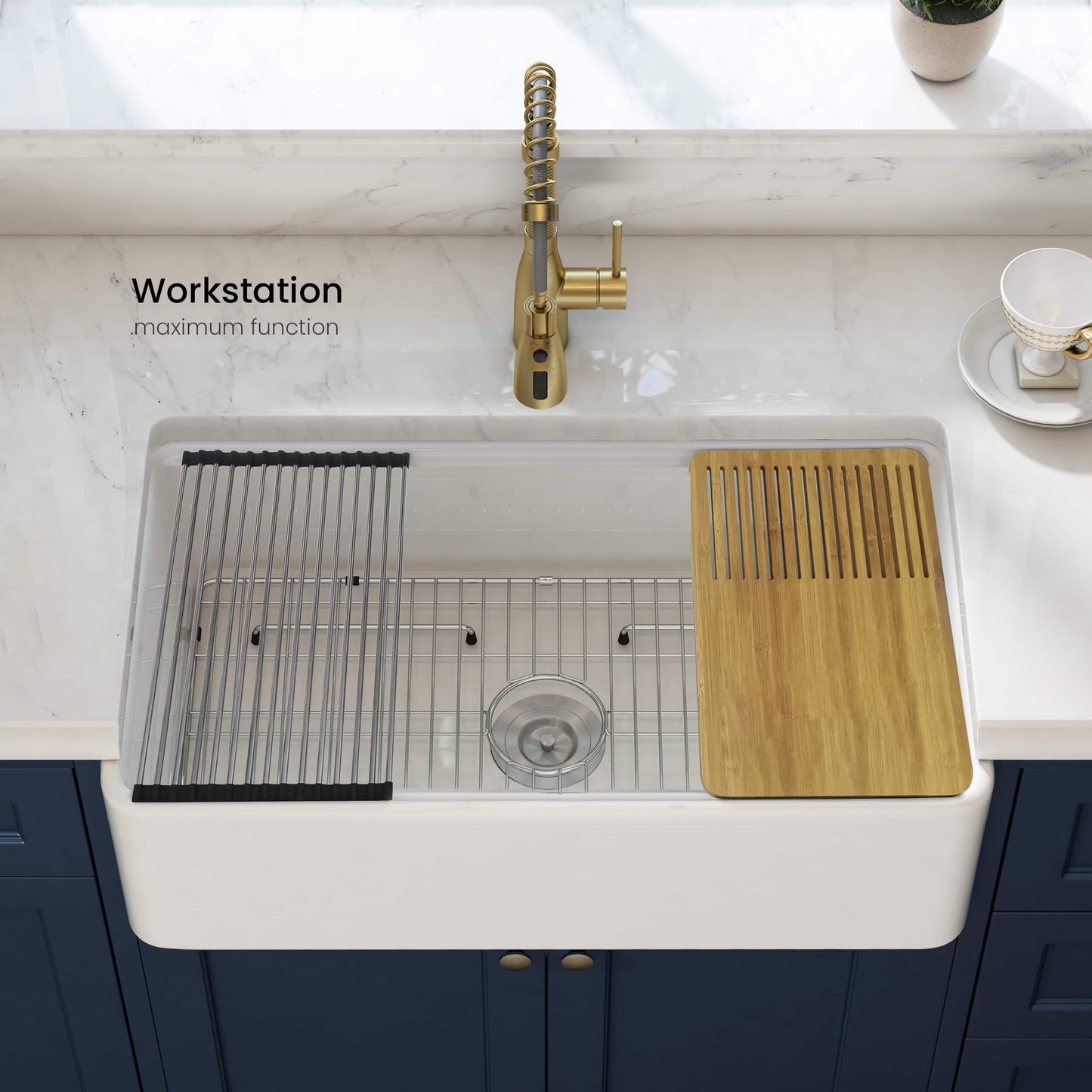 Kibi 33" x 20" x 10" Pure Series Single Bowl Fireclay Farmhouse Kitchen Sink In Glossy White - K2-SF33T