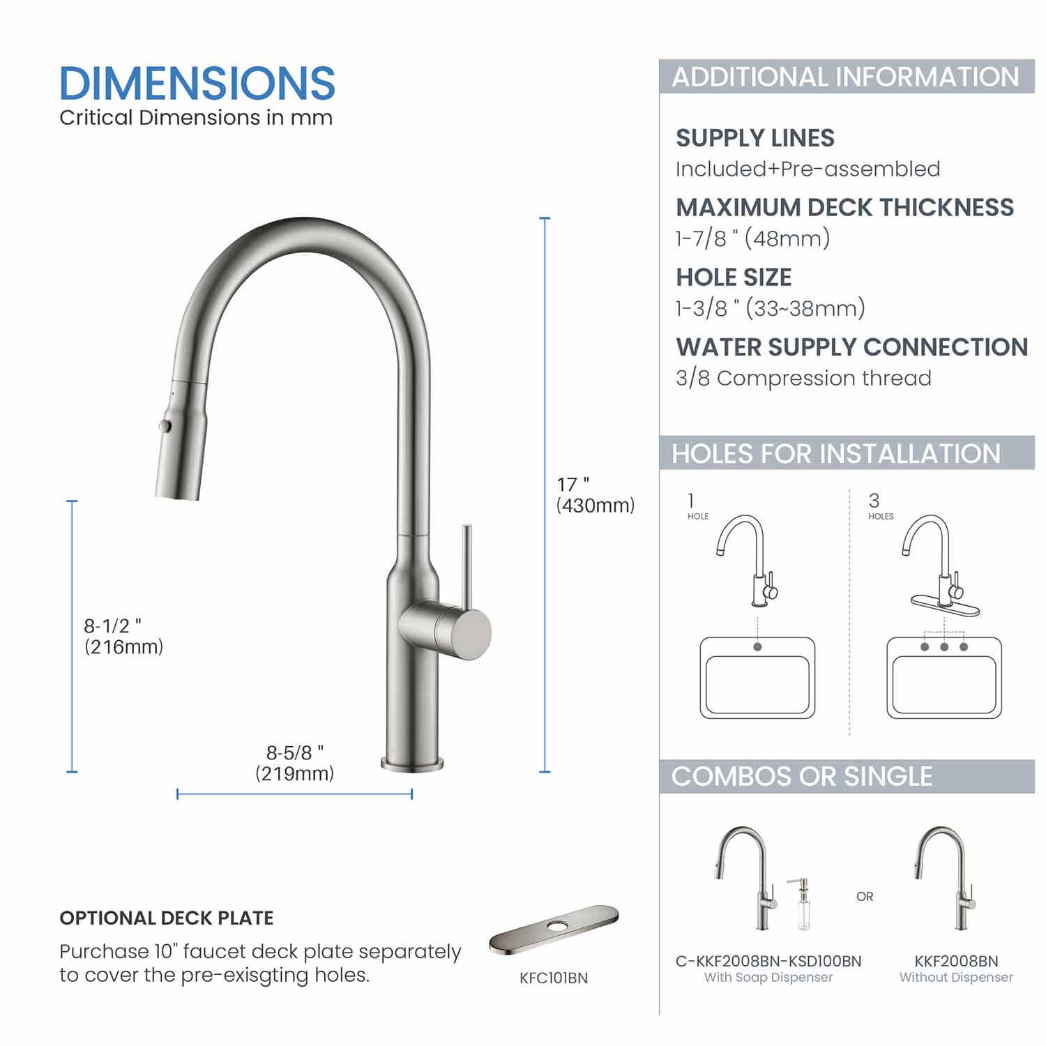 Kibi Hilo Single Handle High Arc Pull Down Kitchen Faucet With Soap Dispenser in Brushed Nickel Finish - C-KKF2008BN-KSD100BN