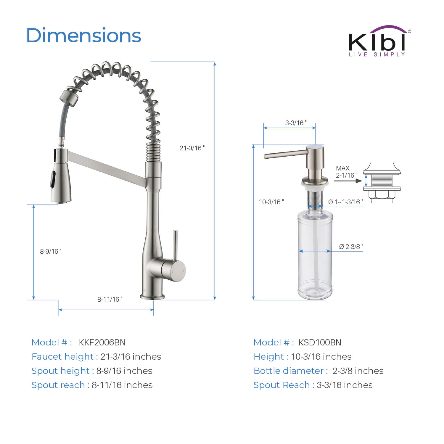 Kibi Largo Single Handle Pull Down Kitchen Faucet With Soap Dispenser in Brushed Nickel Finish - C-KKF2006BN-KSD100BN