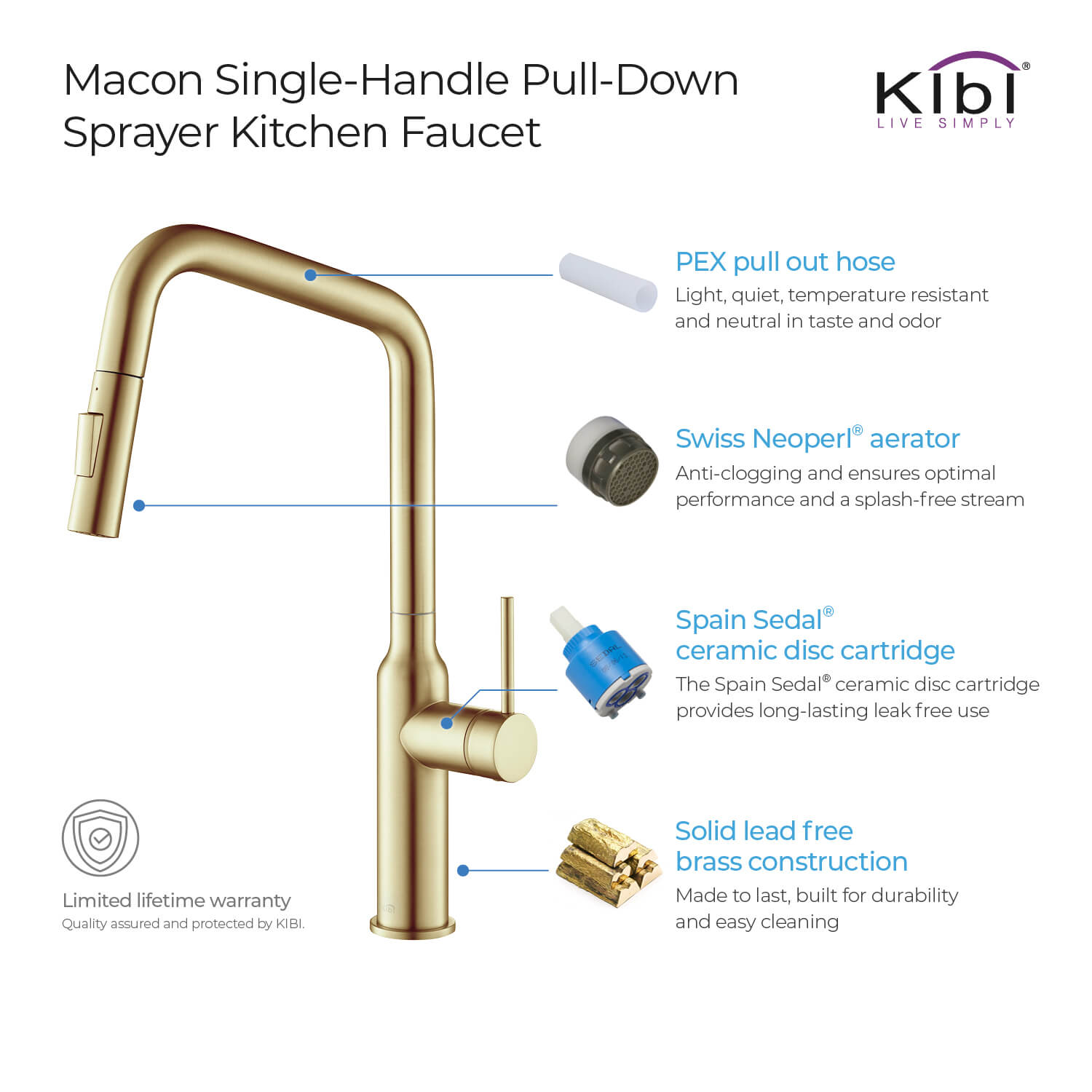 Kibi Macon Single Handle High Arc Pull Down Kitchen Faucet With Soap Dispenser in Brushed Gold Finish - C-KKF2007BG-KSD100BG