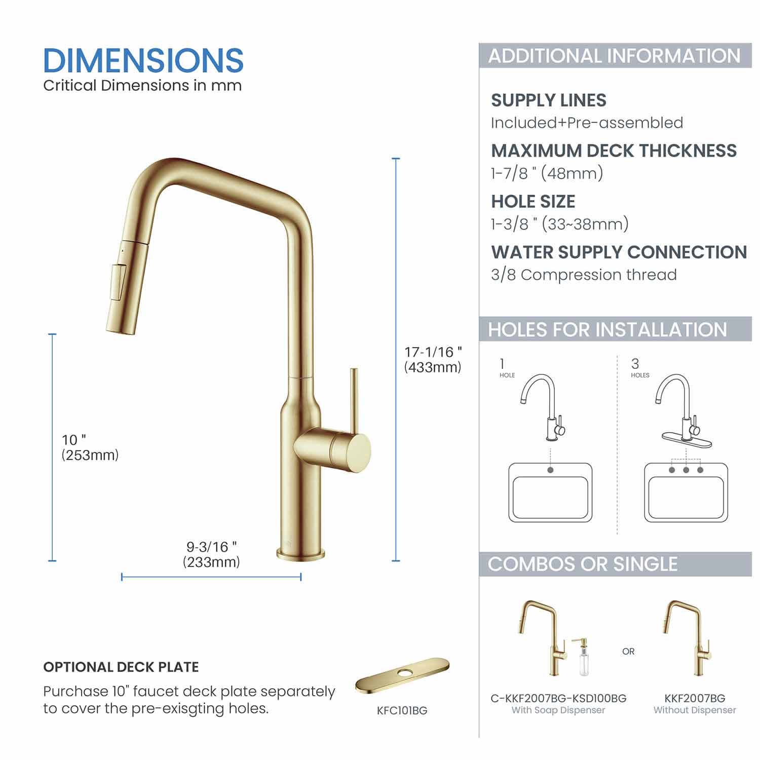 Kibi Macon Single Handle High Arc Pull Down Kitchen Faucet With Soap Dispenser in Brushed Gold Finish - C-KKF2007BG-KSD100BG